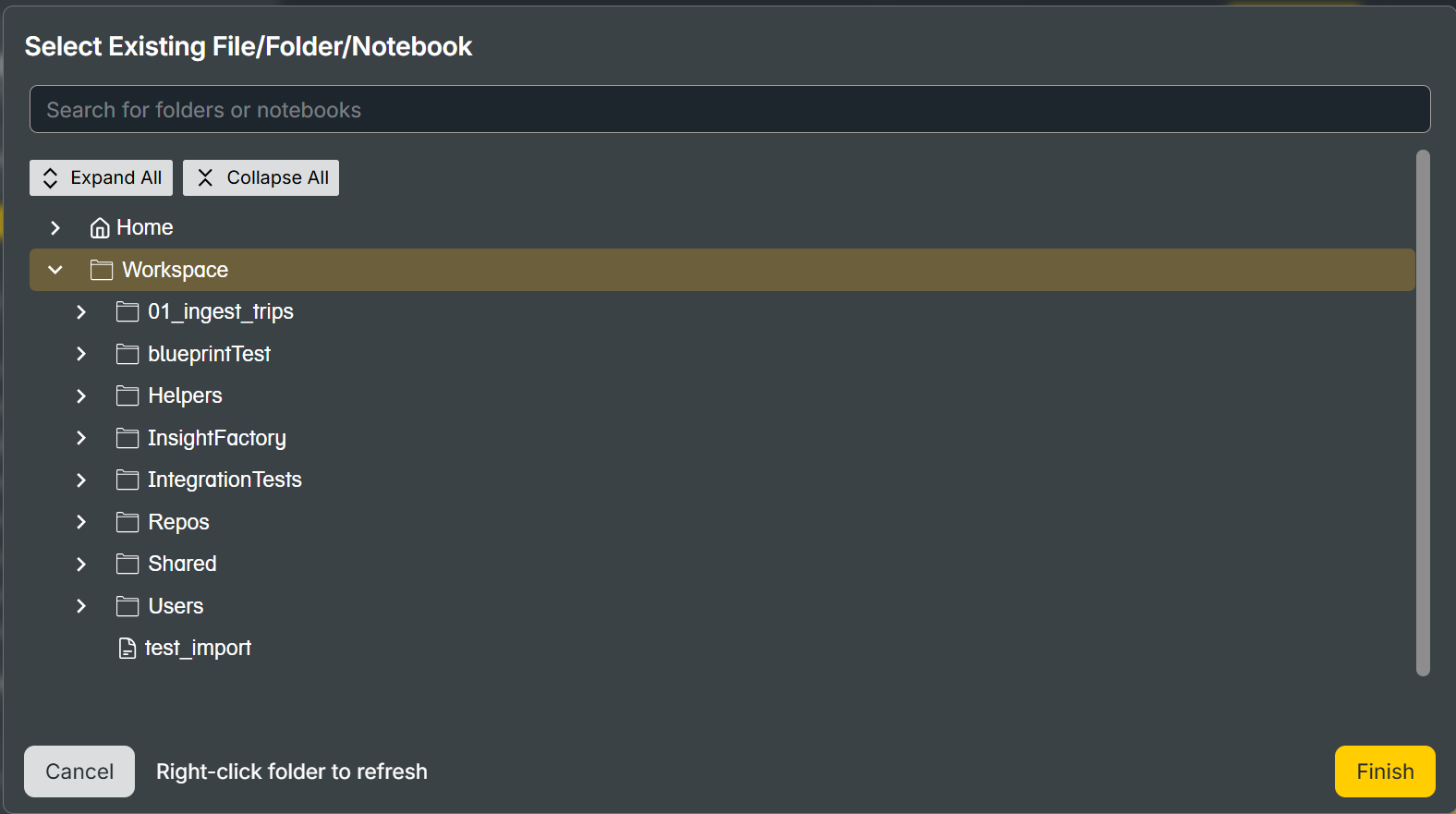 Databricks notebook picker showing the workspace tree
