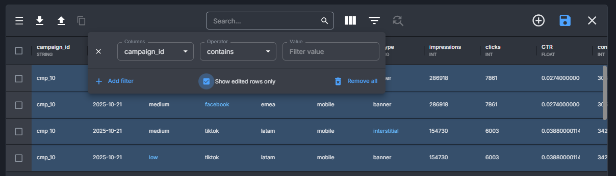 Image showing the edited rows only option in the filtering modal