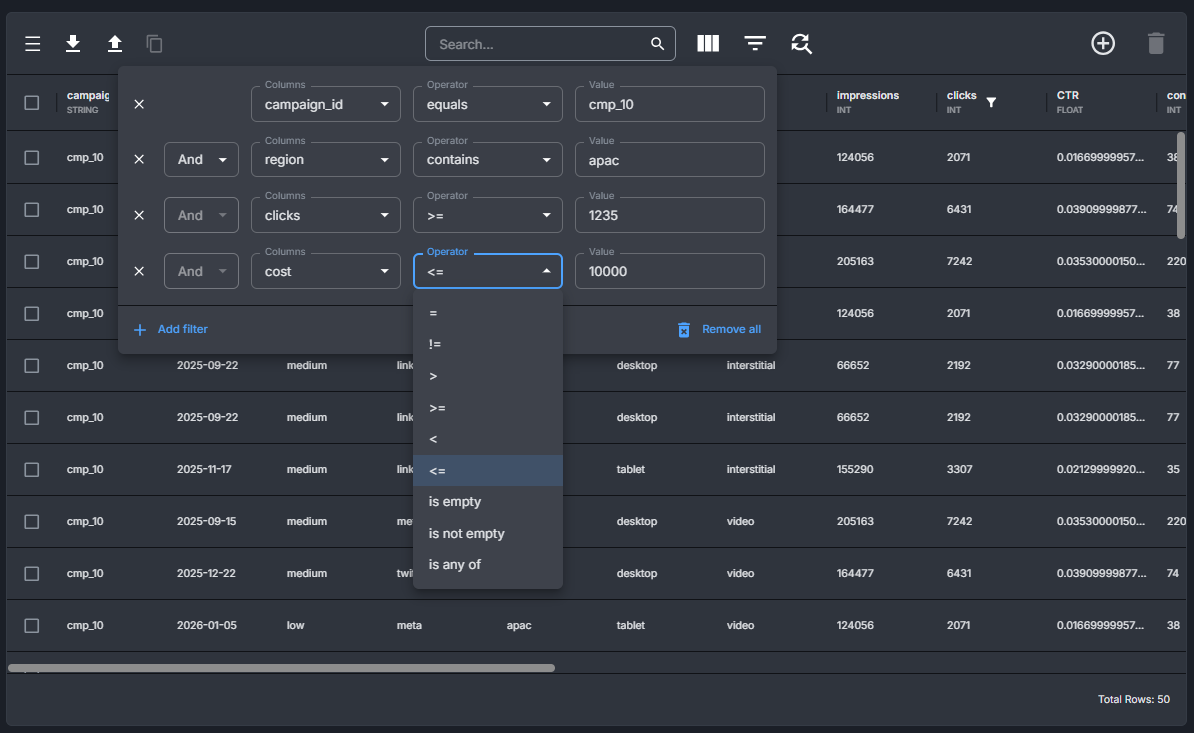 Image showing the filtering dialog with example values