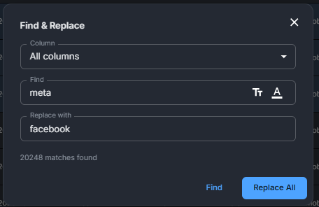 Image showing the find and replace modal