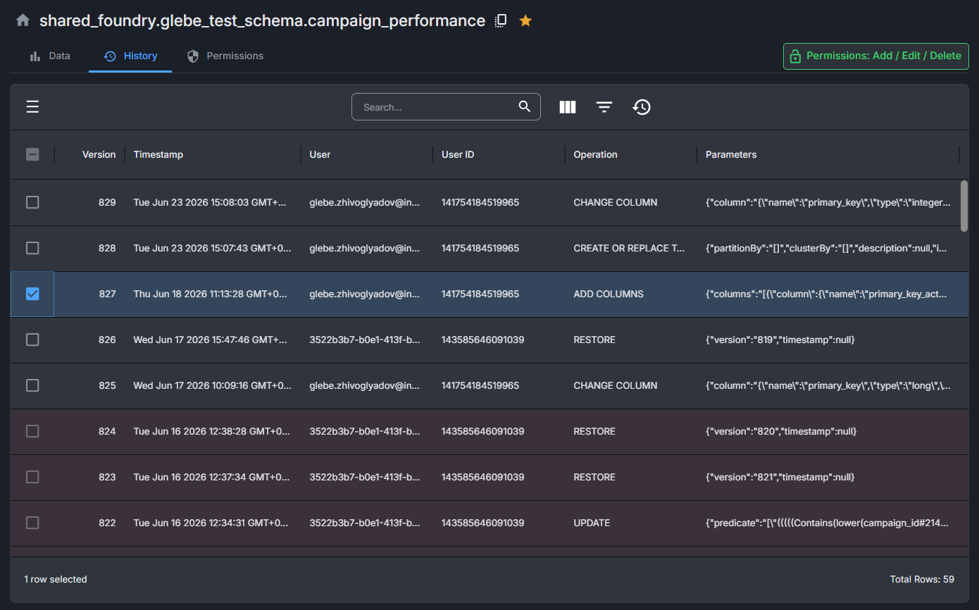 Image showing the table history tab