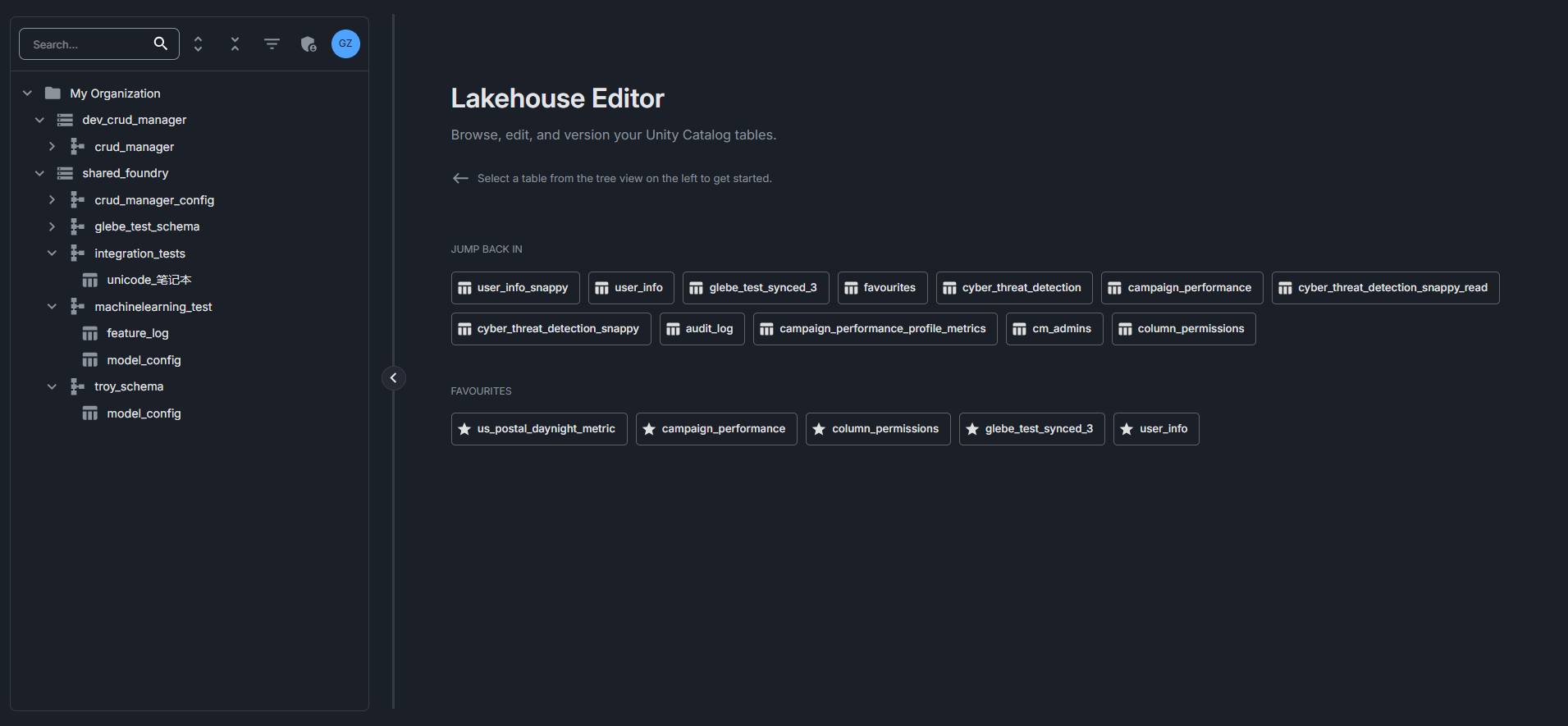 Image of the Lakehouse Editor home page