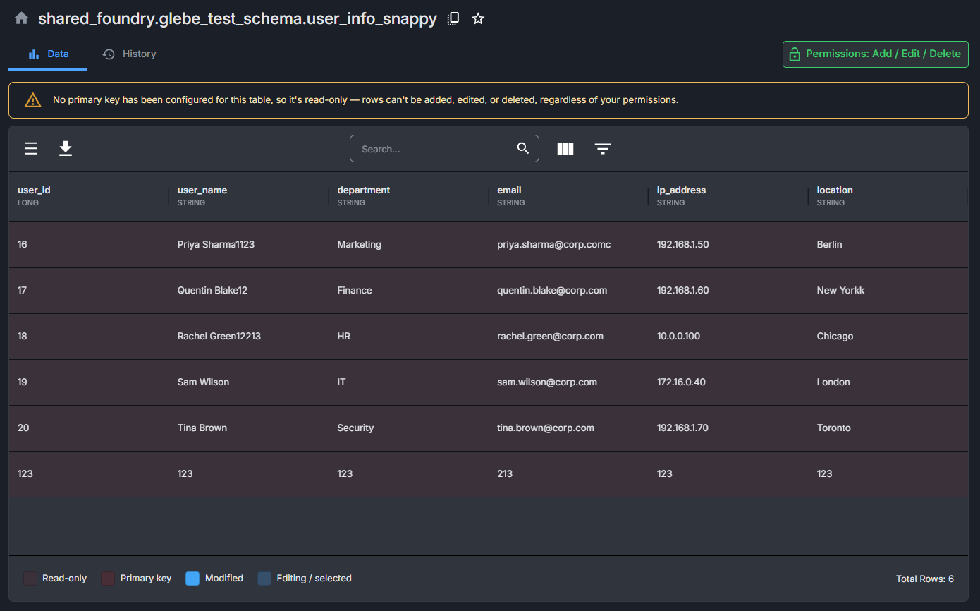 Image showing information banner when no primary key is configured on table