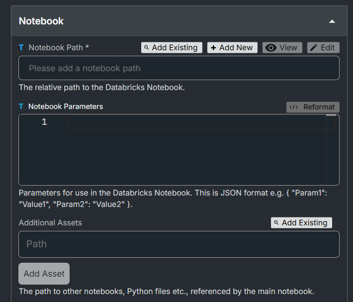 Notebook path and Additional assets showing Add Existing and Add New buttons
