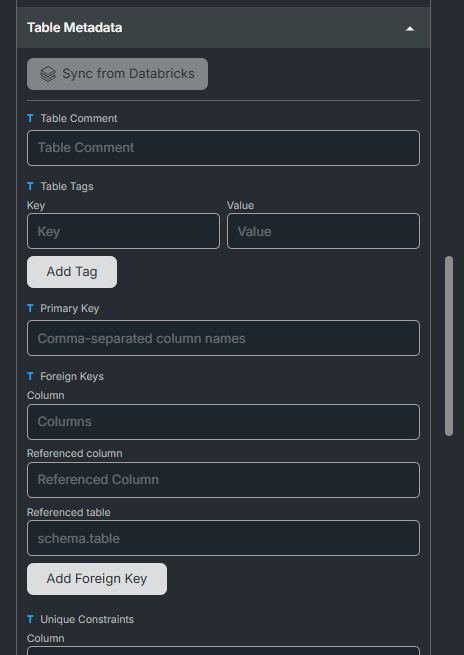 Table Metadata section in the task configuration