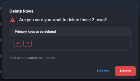 Image showing confirmation modal for deleting a row