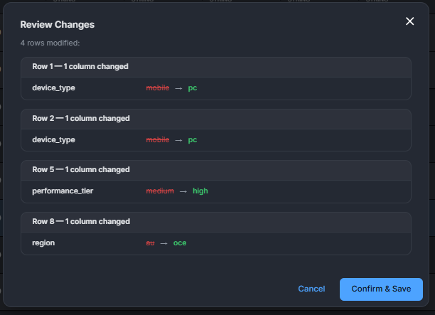 Image showing the row modification confirmation dialog