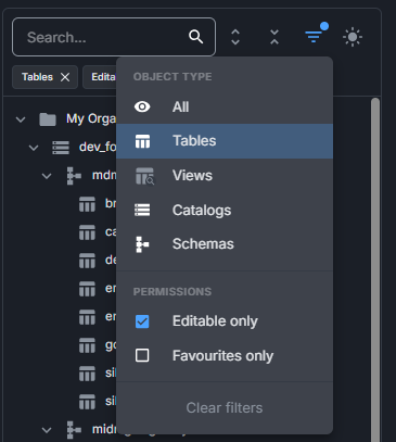 Image showing the filtering popup on the tree view