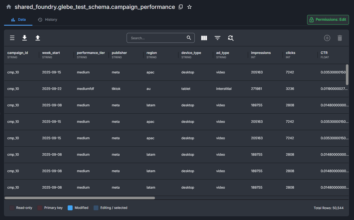 Image showing the table view page for a particular table